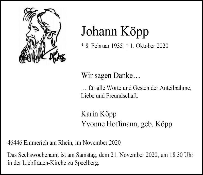 Traueranzeige für Johann Köpp vom 18.11.2020 aus WVW Anzeigenblätter