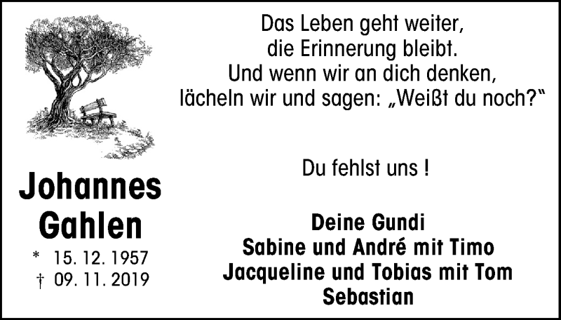  Traueranzeige für Johannes Gahlen vom 07.11.2020 aus WVW Anzeigenblätter