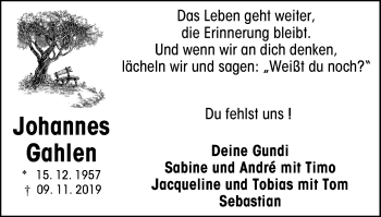 Traueranzeige von Johannes Gahlen von WVW Anzeigenblätter
