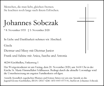 Traueranzeige von Johannes Sobczak von WVW Anzeigenblätter