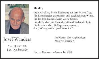 Traueranzeige von Josef Wanders von WVW Anzeigenblätter