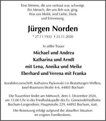 Traueranzeige von Jürgen Norden von WVW Anzeigenblätter