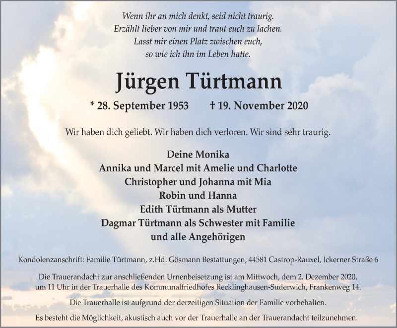  Traueranzeige für Jürgen Türtmann vom 25.11.2020 aus WVW Anzeigenblätter
