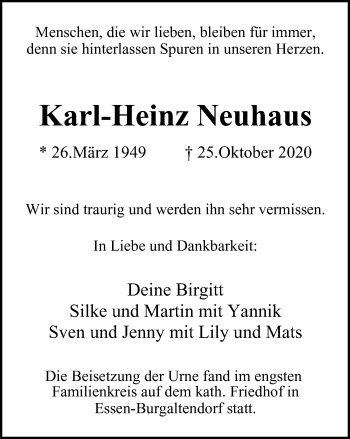 Traueranzeige von Karl-Heinz Neuhaus von WVW Anzeigenblätter