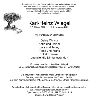 Traueranzeige von Karl-Heinz Wiegel von WVW Anzeigenblätter