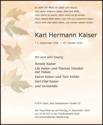 Traueranzeige von Karl Hermann Kaiser von WVW Anzeigenblätter