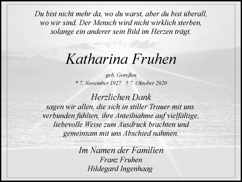  Traueranzeige für Katharina Fruhen vom 21.11.2020 aus WVW Anzeigenblätter