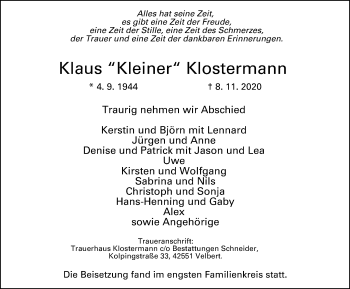 Traueranzeige von Klaus Klostermann von WVW Anzeigenblätter