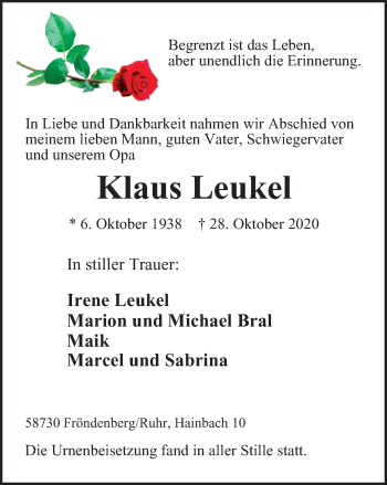 Traueranzeige von Klaus Leukel von WVW Anzeigenblätter