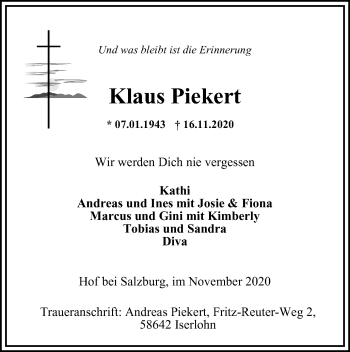 Traueranzeige von Klaus Piekert von WVW Anzeigenblätter