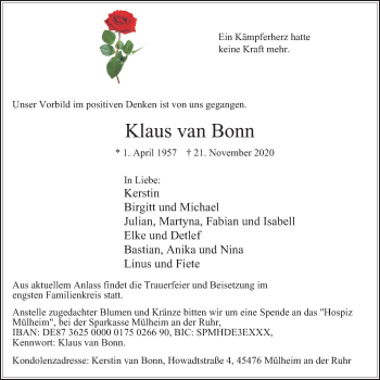 Traueranzeige von Klaus van Bonn von WVW Anzeigenblätter