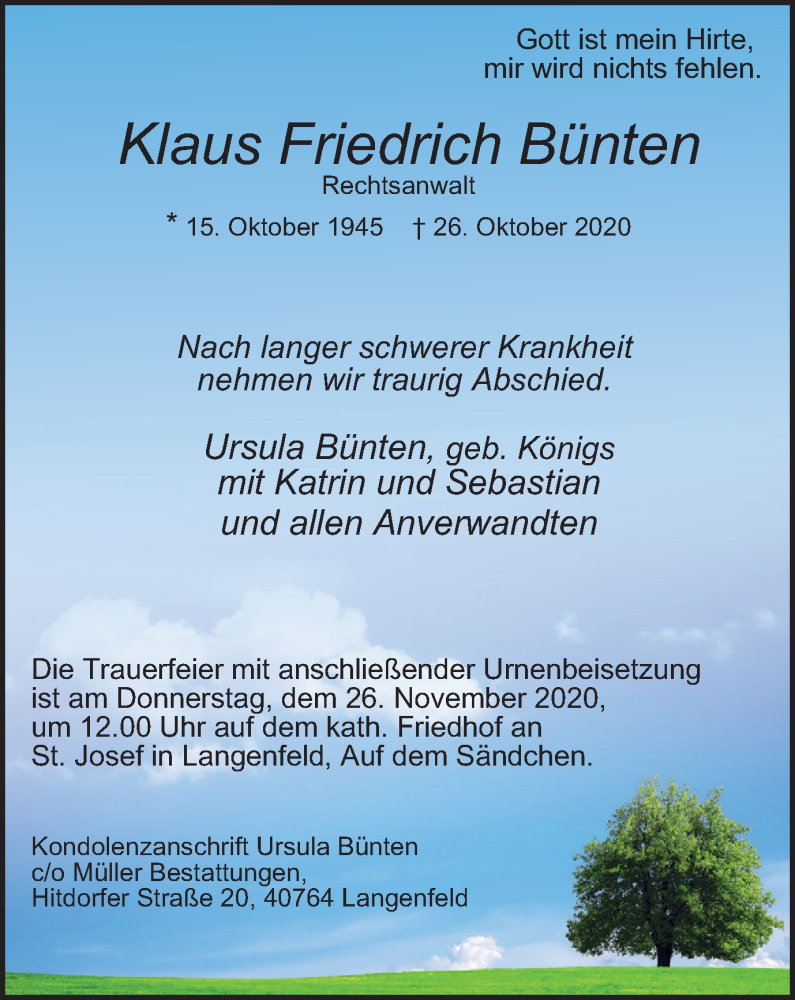  Traueranzeige für Klaus Friedrich Bünten vom 14.11.2020 aus WVW Anzeigenblätter