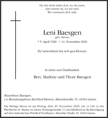 Traueranzeige von Leni Baesgen von WVW Anzeigenblätter
