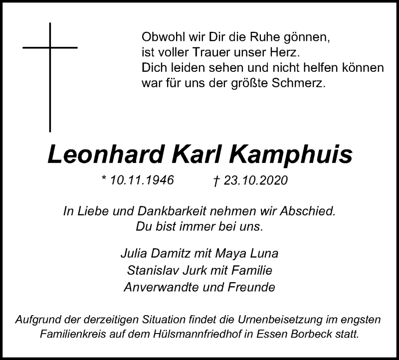  Traueranzeige für Leonhard Karl Kamphuis vom 07.11.2020 aus WVW Anzeigenblätter