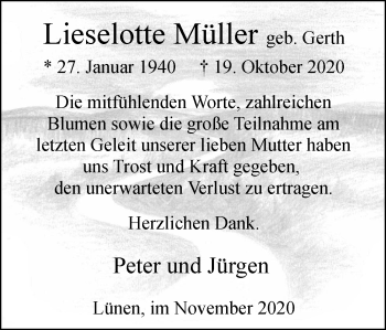 Traueranzeige von Lieselotte Müller von WVW Anzeigenblätter