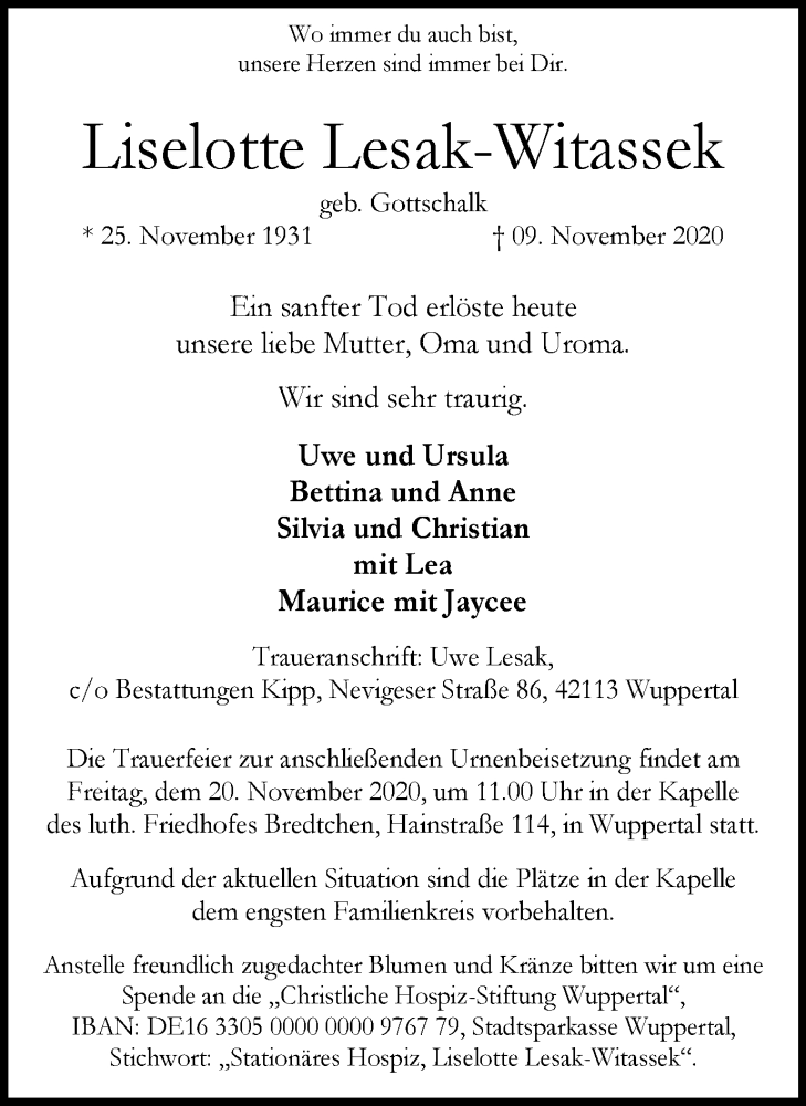  Traueranzeige für Liselotte Lesak-Witassek vom 18.11.2020 aus WVW Anzeigenblätter