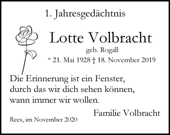 Traueranzeige von Lotte Volbracht von WVW Anzeigenblätter