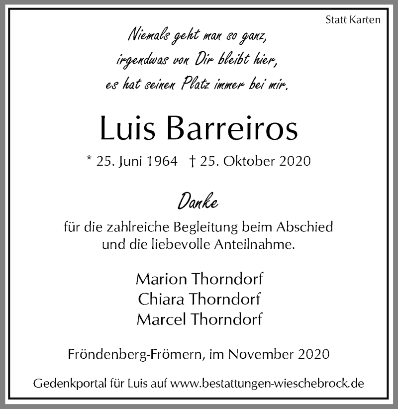  Traueranzeige für Luis Barreiros vom 25.11.2020 aus WVW Anzeigenblätter