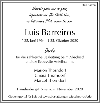 Traueranzeige von Luis Barreiros von WVW Anzeigenblätter