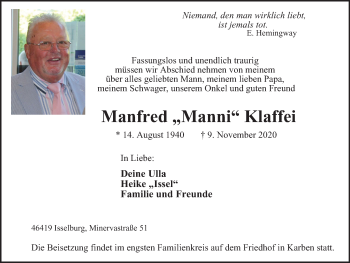 Traueranzeige von Manfred Klaffei von WVW Anzeigenblätter