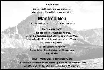 Traueranzeige von Manfred Neu von WVW Anzeigenblätter