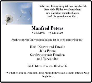 Traueranzeige von Manfred Peters von WVW Anzeigenblätter
