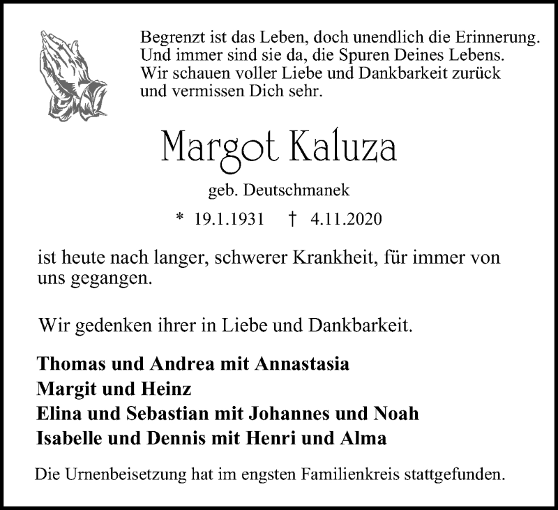 Traueranzeigen Von Margot Kaluza Trauer In Nrwde 0425