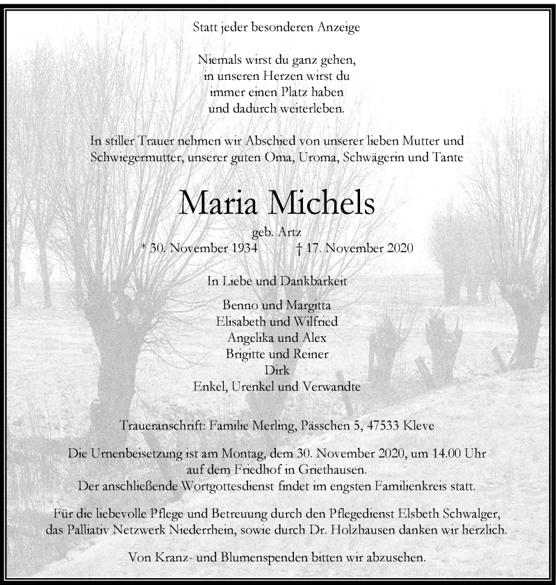  Traueranzeige für Maria Michels vom 21.11.2020 aus WVW Anzeigenblätter