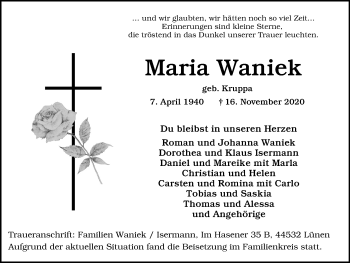 Traueranzeige von Maria Waniek von WVW Anzeigenblätter