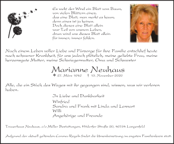 Traueranzeige von Marianne Neuhaus von WVW Anzeigenblätter
