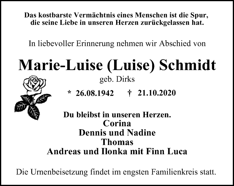  Traueranzeige für Marie-Luise Schmidt vom 04.11.2020 aus WVW Anzeigenblätter