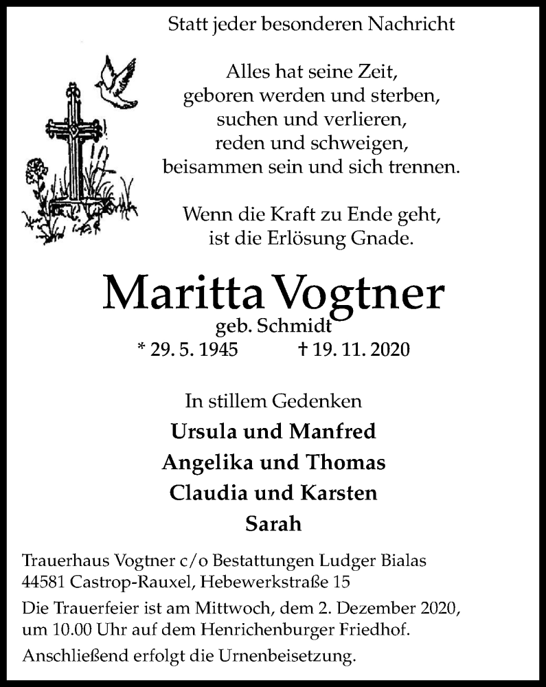  Traueranzeige für Maritta Vogtner vom 28.11.2020 aus WVW Anzeigenblätter