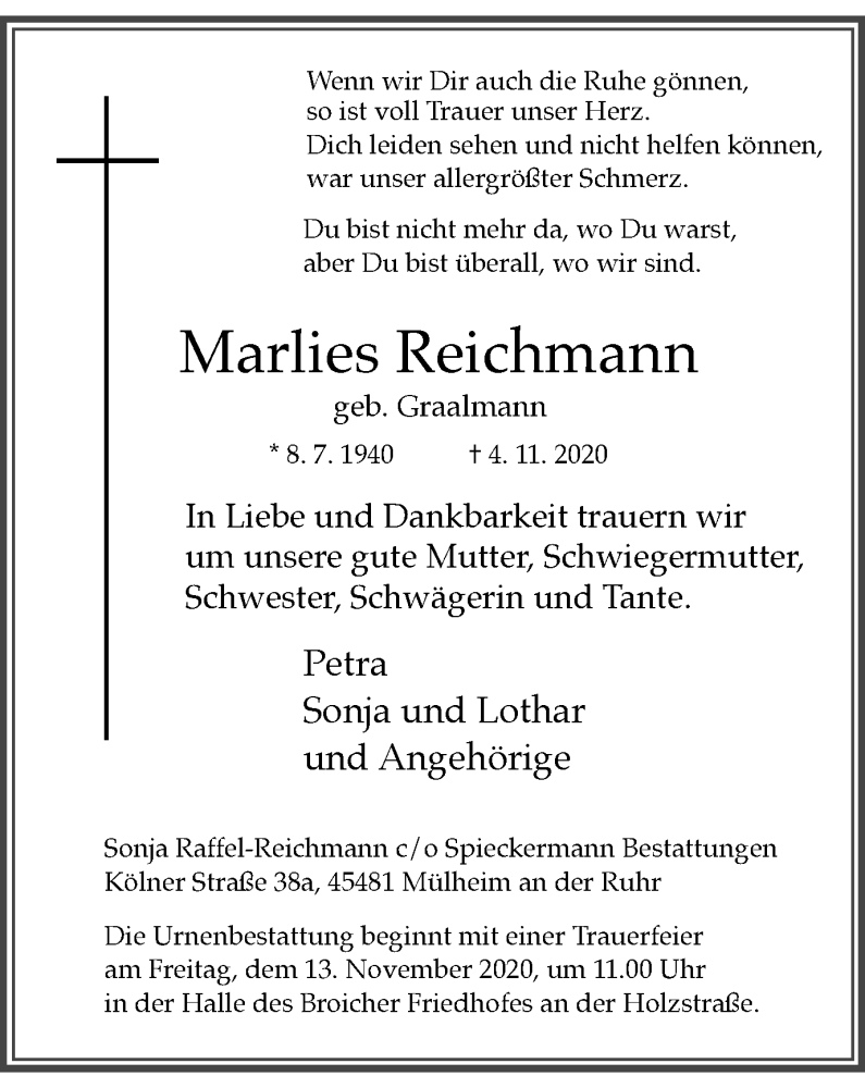  Traueranzeige für Marlies Reichmann vom 11.11.2020 aus WVW Anzeigenblätter