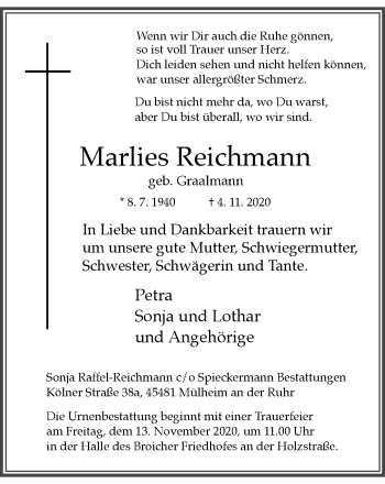 Traueranzeige von Marlies Reichmann von WVW Anzeigenblätter