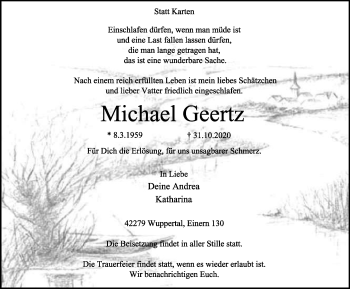 Traueranzeige von Michael Geertz von WVW Anzeigenblätter