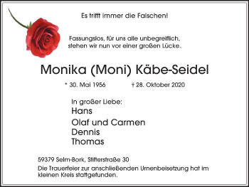 Traueranzeige von Monika  Käbe-Seidel von WVW Anzeigenblätter