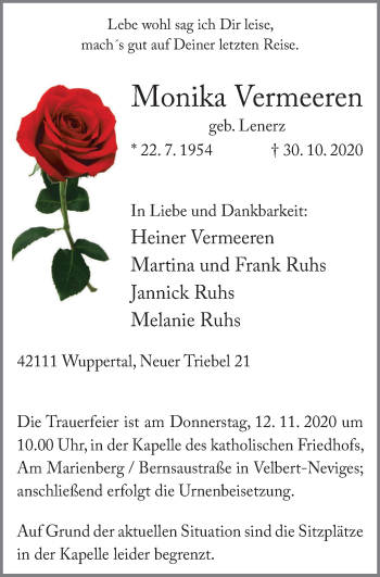 Traueranzeige von Monika Vermeeren von WVW Anzeigenblätter
