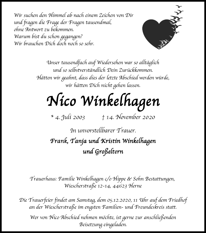  Traueranzeige für Nico Winkelhagen vom 28.11.2020 aus WVW Anzeigenblätter