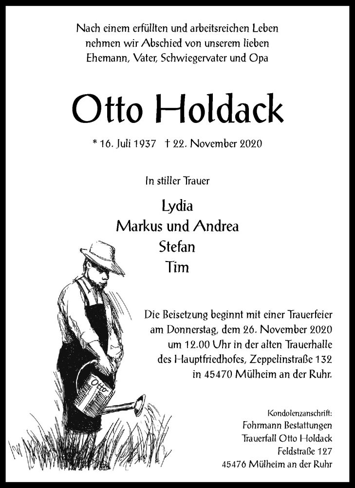  Traueranzeige für Otto Holdack vom 25.11.2020 aus WVW Anzeigenblätter