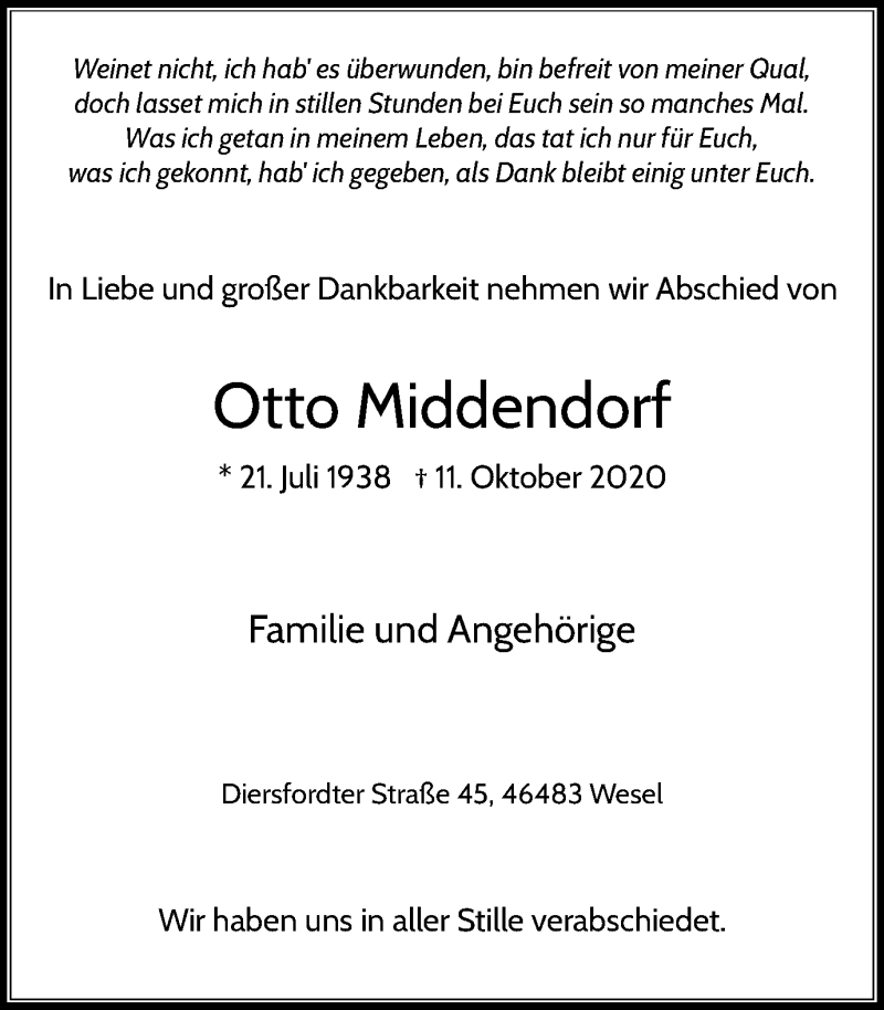  Traueranzeige für Otto Middendorf vom 04.11.2020 aus WVW Anzeigenblätter