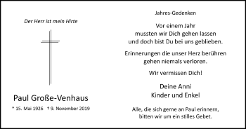 Traueranzeige von Paul Große-Venhaus von WVW Anzeigenblätter