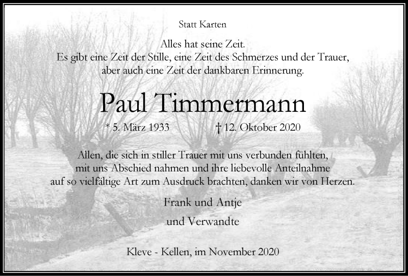  Traueranzeige für Paul Timmermann vom 28.11.2020 aus WVW Anzeigenblätter