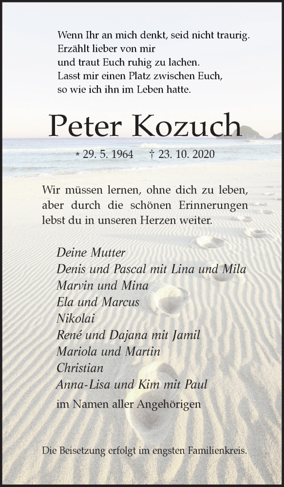  Traueranzeige für Peter Kozuch vom 04.11.2020 aus WVW Anzeigenblätter