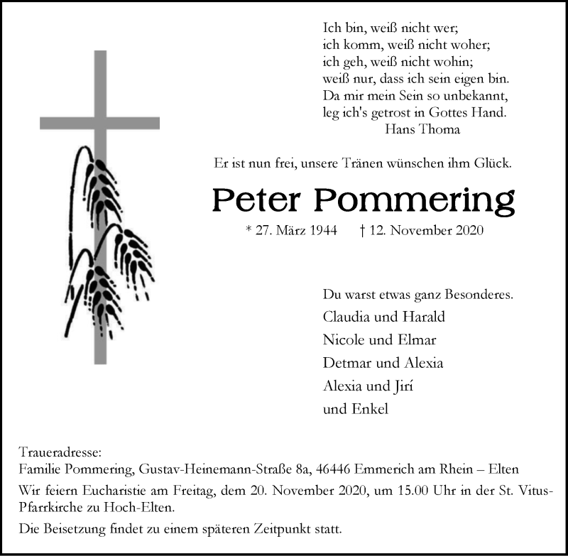  Traueranzeige für Peter Pommering vom 18.11.2020 aus WVW Anzeigenblätter