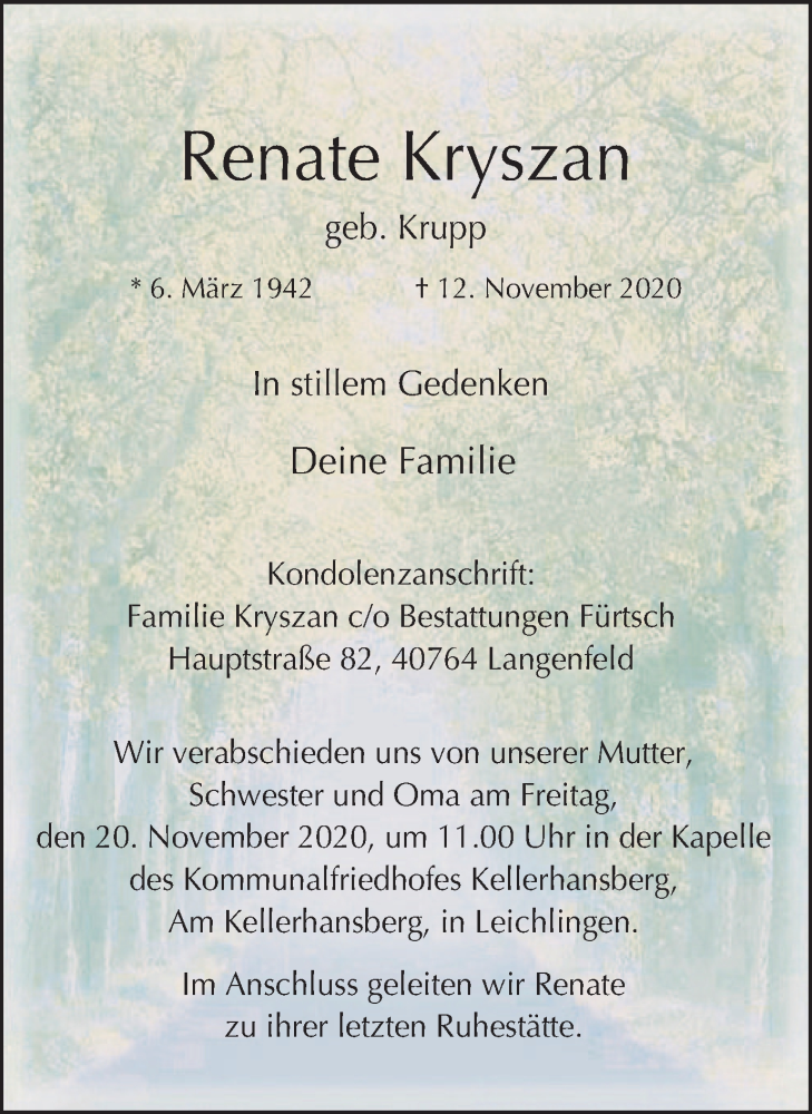  Traueranzeige für Renate Kryszan vom 18.11.2020 aus WVW Anzeigenblätter