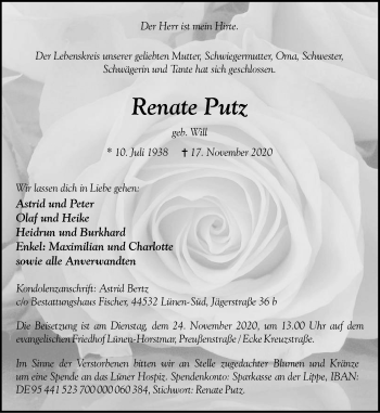 Traueranzeige von Renate Putz von WVW Anzeigenblätter