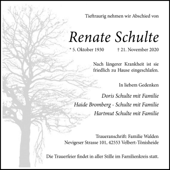 Traueranzeige von Renate Schulte von WVW Anzeigenblätter