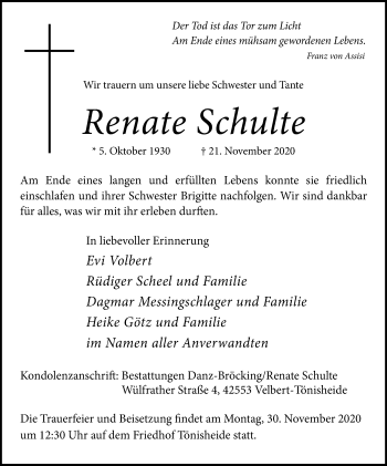 Traueranzeige von Renate Schulte von WVW Anzeigenblätter