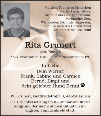 Traueranzeige von Rita Grunert von WVW Anzeigenblätter