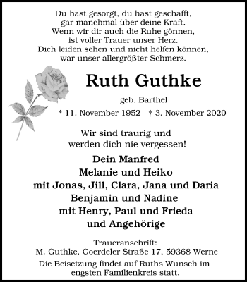 Traueranzeige von Ruth Guthke von WVW Anzeigenblätter